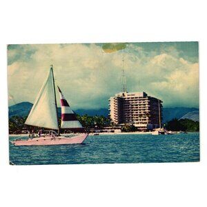Hawaiian Village Hotel Pink Catamaran Postcard 1960 Vintage Tropical Hawaii Boat